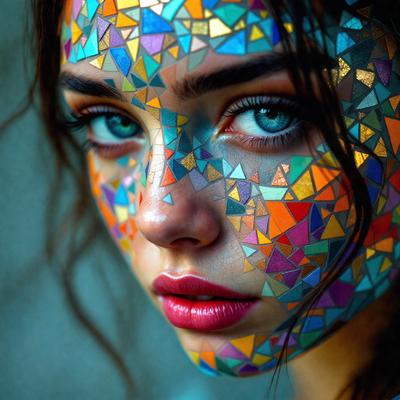 The primary subject of the image is a woman with a colorful face painted with a mosaic pattern. The setting is a close-up of her face, and the visual style appears to be a combination of a photo and digital art. The colors and mood of the image are vibrant and lively, with the woman's face being the main focus of the scene.